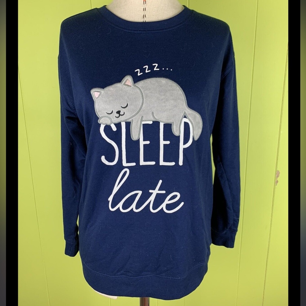 Jenni Intimates S Long Sleeve Knit Night Shirt Dark Blue Sleepy Cat Application
